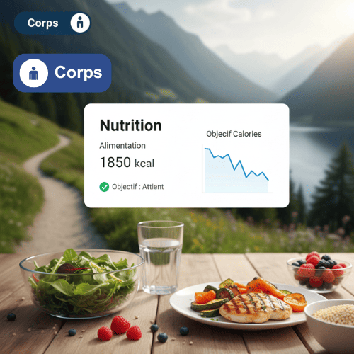 Interface de suivi nutritionnel avec données calories affichées et repas équilibré en arrière-plan