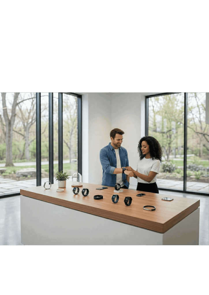 Revendeur de bracelet connecté Harmony en magasin avec démonstration produit
