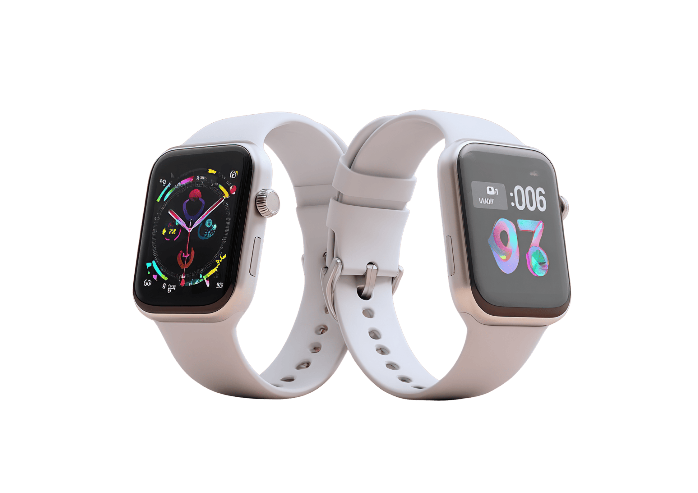 Deux bracelets connectés Harmony blancs avec affichage des données de santé et interface moderne