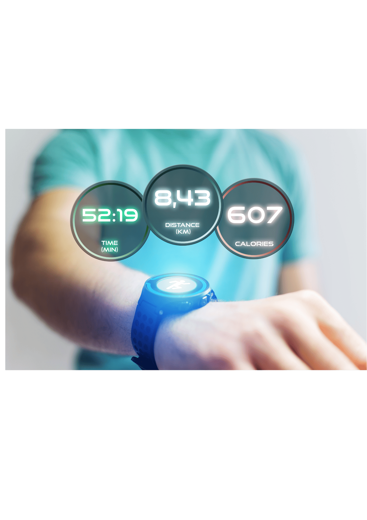 Affichage des données sportives sur bracelet connecté Harmony incluant temps, distance et calories