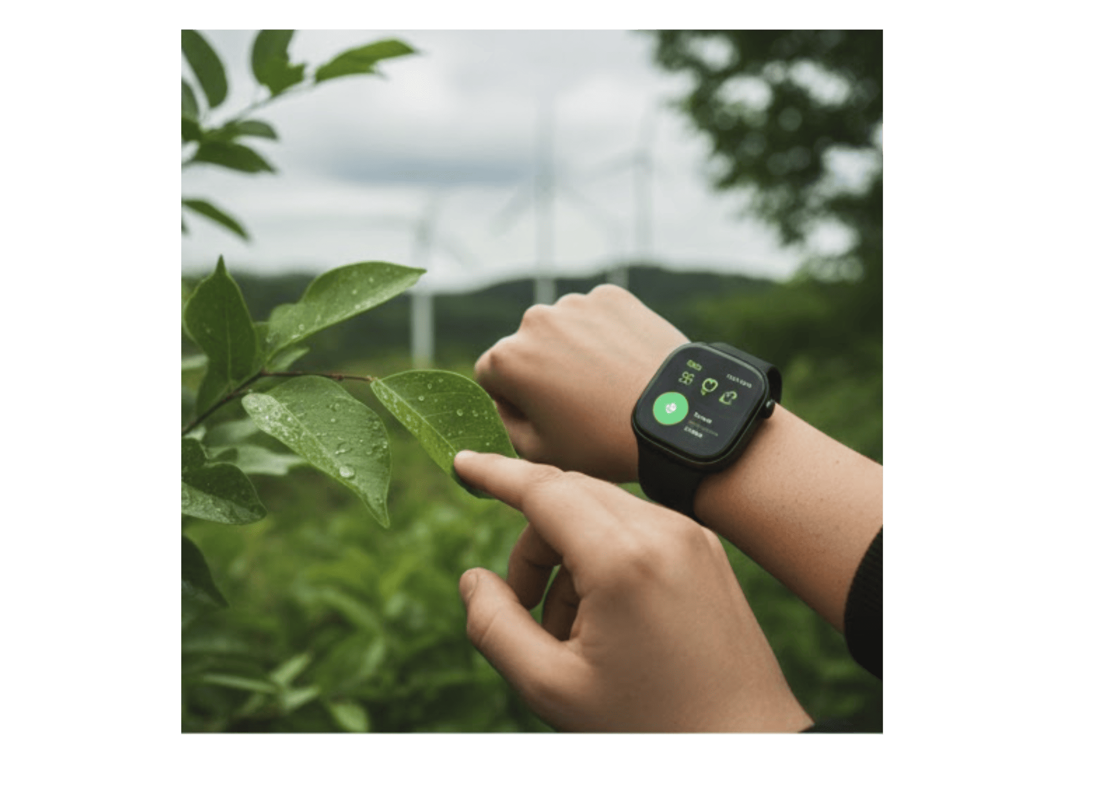 Bracelet connecté Harmony porté au poignet dans un environnement naturel avec feuilles vertes