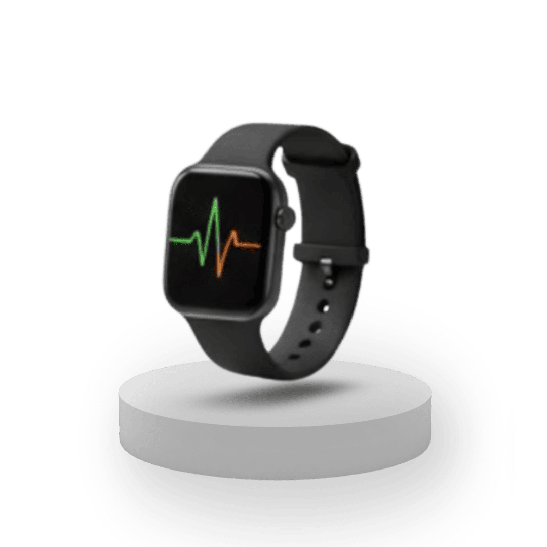 Bracelet connect&eacute; noir Harmony pos&eacute; sur un socle avec affichage du rythme cardiaque