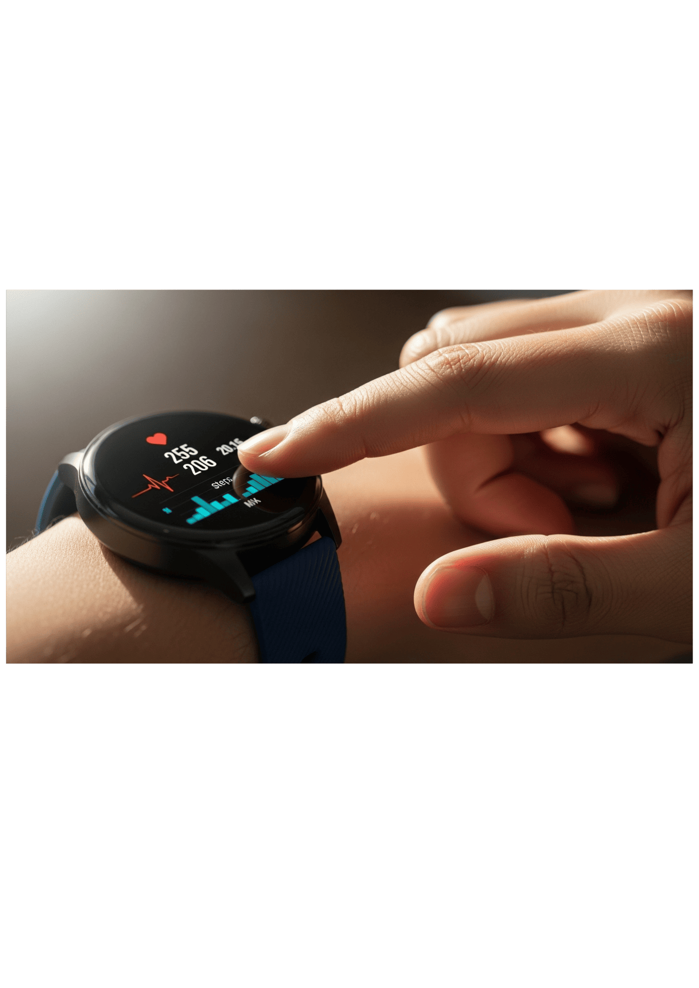 Bracelet connecté Harmony affichant la fréquence cardiaque avec interaction utilisateur sur l’écran tactile