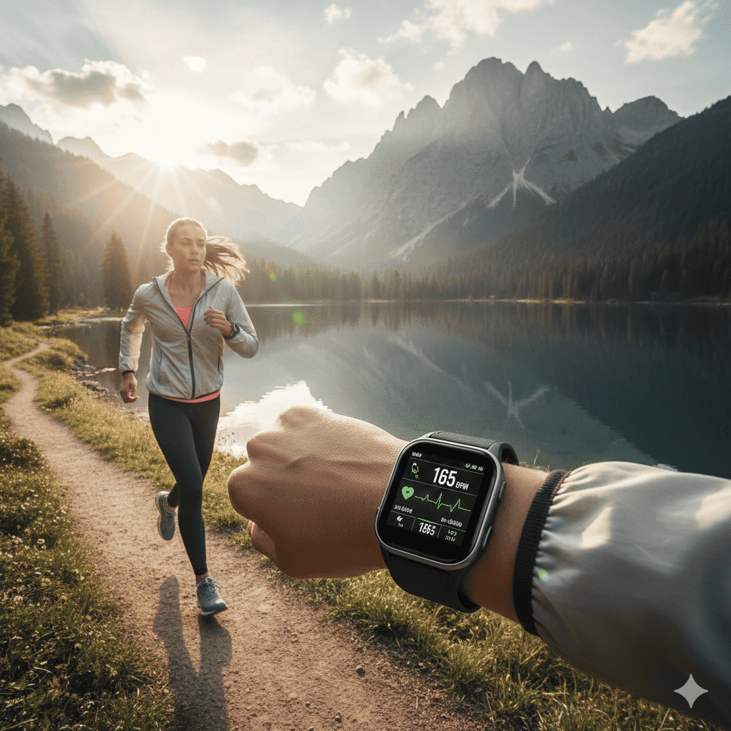 Bracelet connecté Harmony – sport en nature Femme courant en pleine nature avec bracelet connecté Harmony affichant la fréquence cardiaque en temps réel