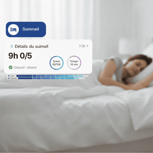 Femme dormant avec interface affichant les données de sommeil sur une application de suivi santé
