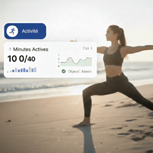 Femme pratiquant le yoga sur la plage avec interface de suivi d’activité affichée