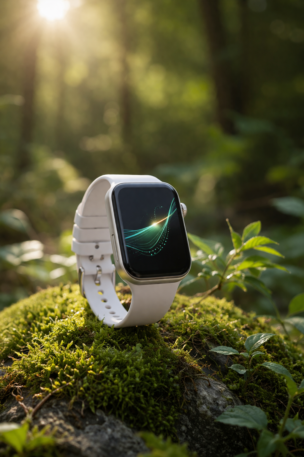 Bracelet connecté Harmony posé sur de la mousse en forêt avec lumière naturelle illustrant le bien-être et l’écologie