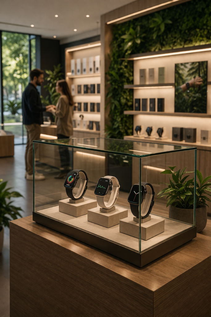 Bracelets connectés Harmony exposés en vitrine dans un magasin écoresponsable avec espace moderne et végétalisé