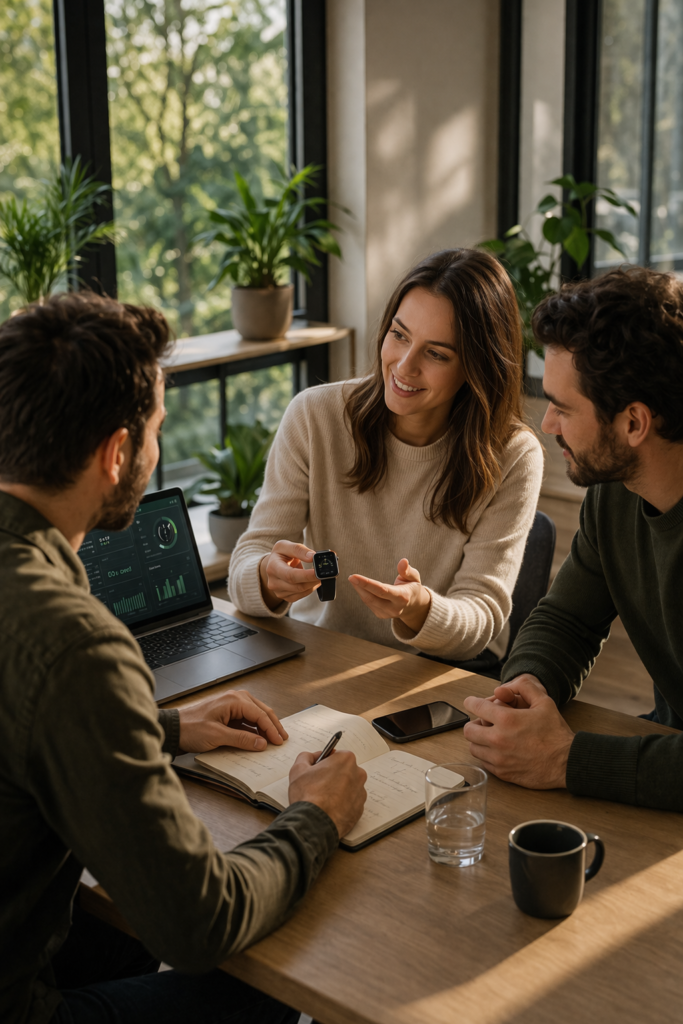 Présentation du bracelet connecté Harmony lors d’une réunion entre partenaires revendeurs avec démonstration produit